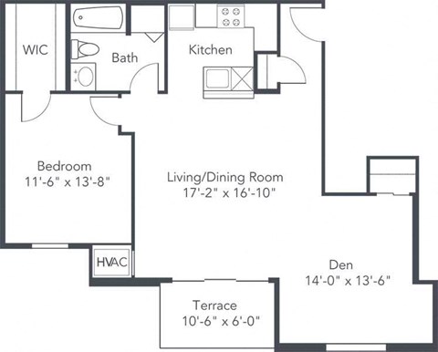 Floor plan for 1 bed, 1 bath, 928 sqft